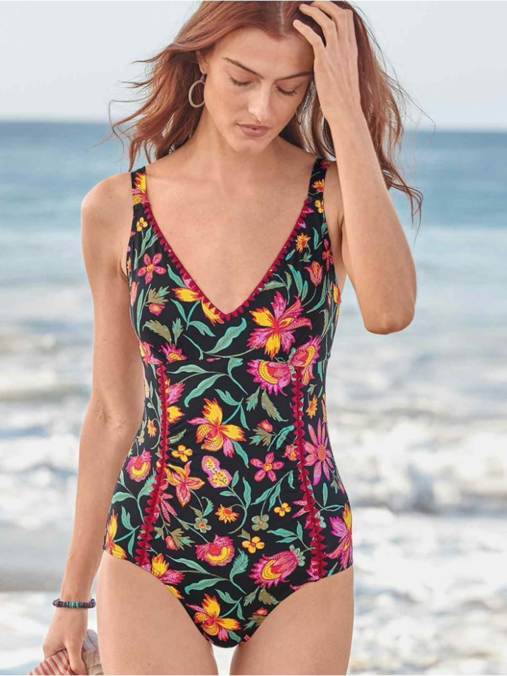 Sundance Floral V-Neck One-Piece Swimsuit in Black with Floral Print size Large